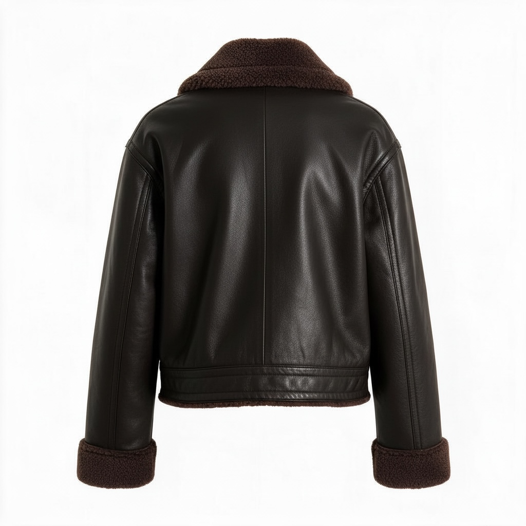 Chocolat Nocturne, veste d’hiver aspect cuir, vue de dos