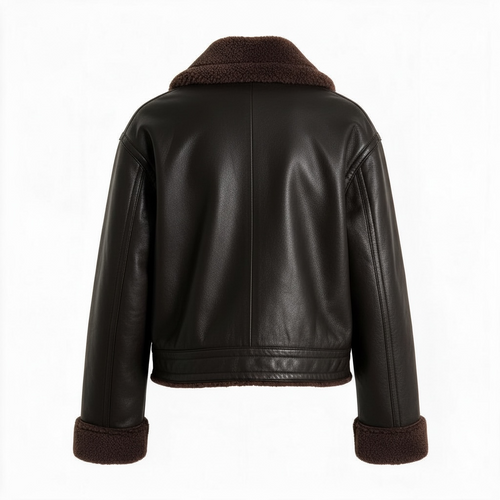Chocolat Nocturne, veste d’hiver aspect cuir, vue de dos
