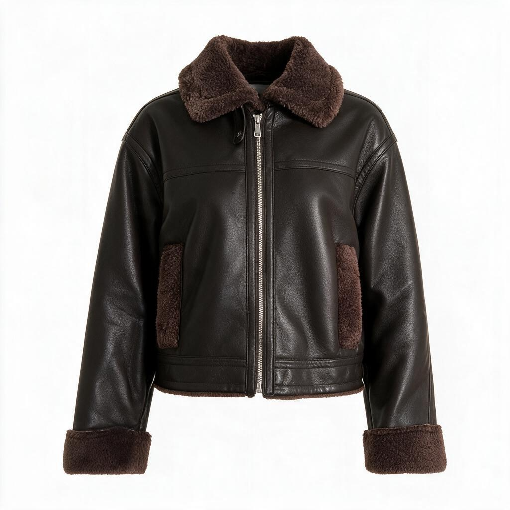Chocolat Nocturne, veste d’hiver aspect cuir, vue de face