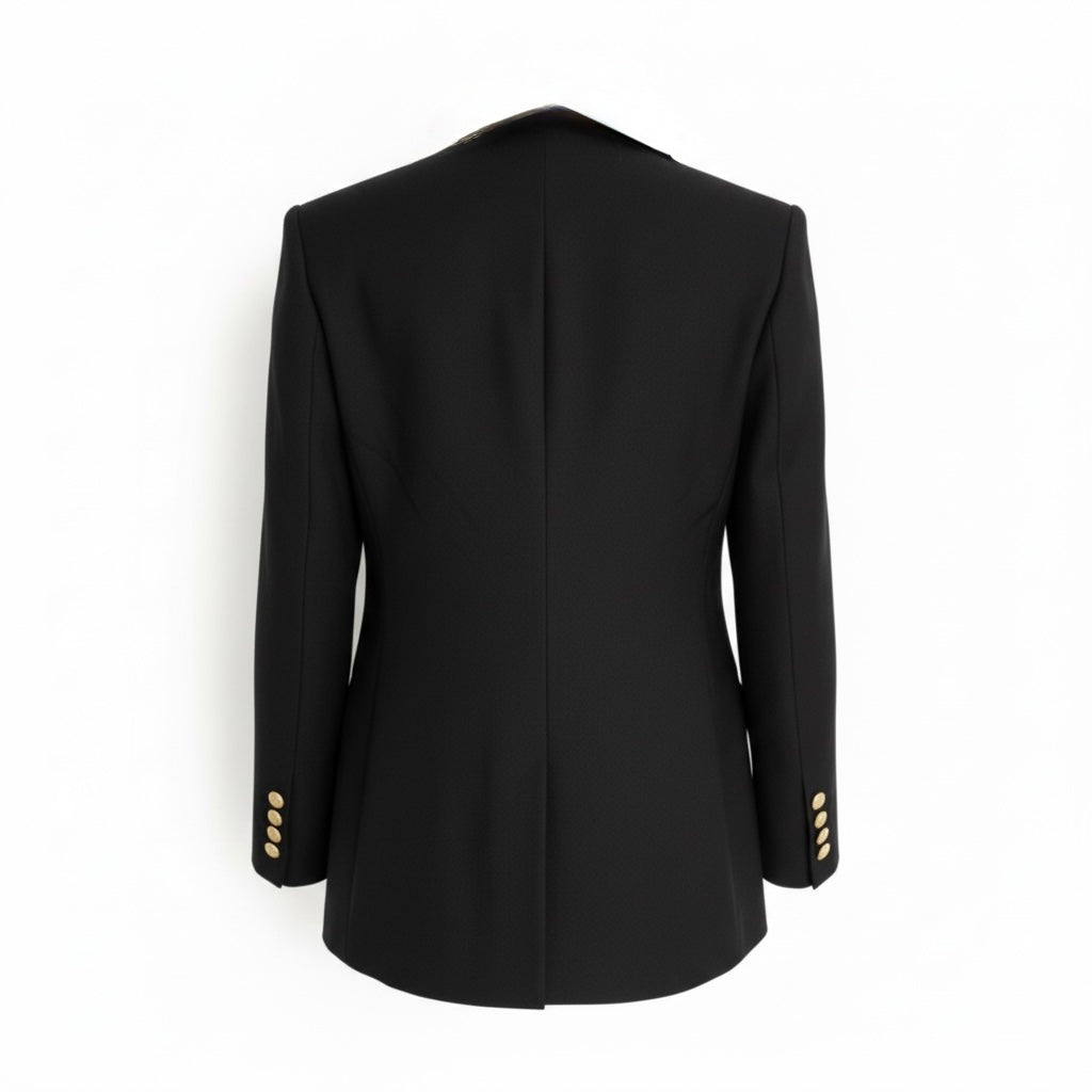 Noir Héritage, blazer noir à revers en fausse fourrure, vue de dos