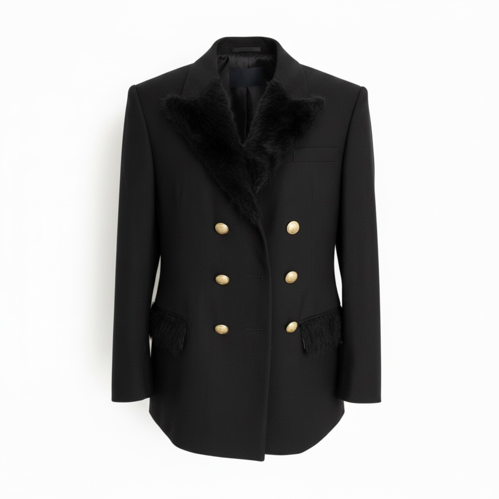 Noir Héritage, blazer noir à revers en fausse fourrure, vue de face