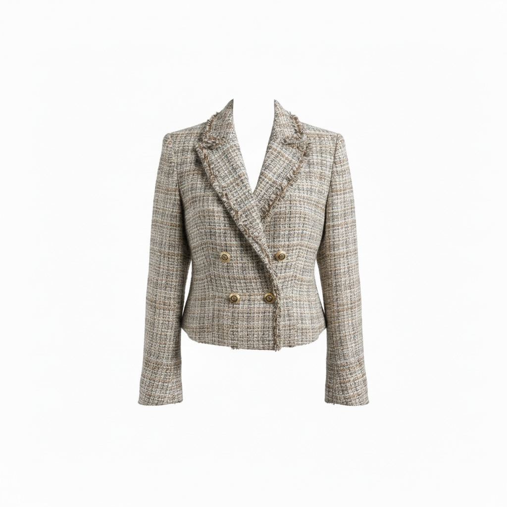 Sable Doré, blazer beige à boutons dorés, vue de face