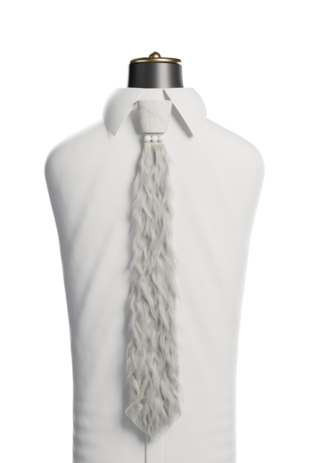 Cravate fourrure SOVINTAGE Neige nouée sur chemise blanche, buste de vitrine (rendu 3D v2)